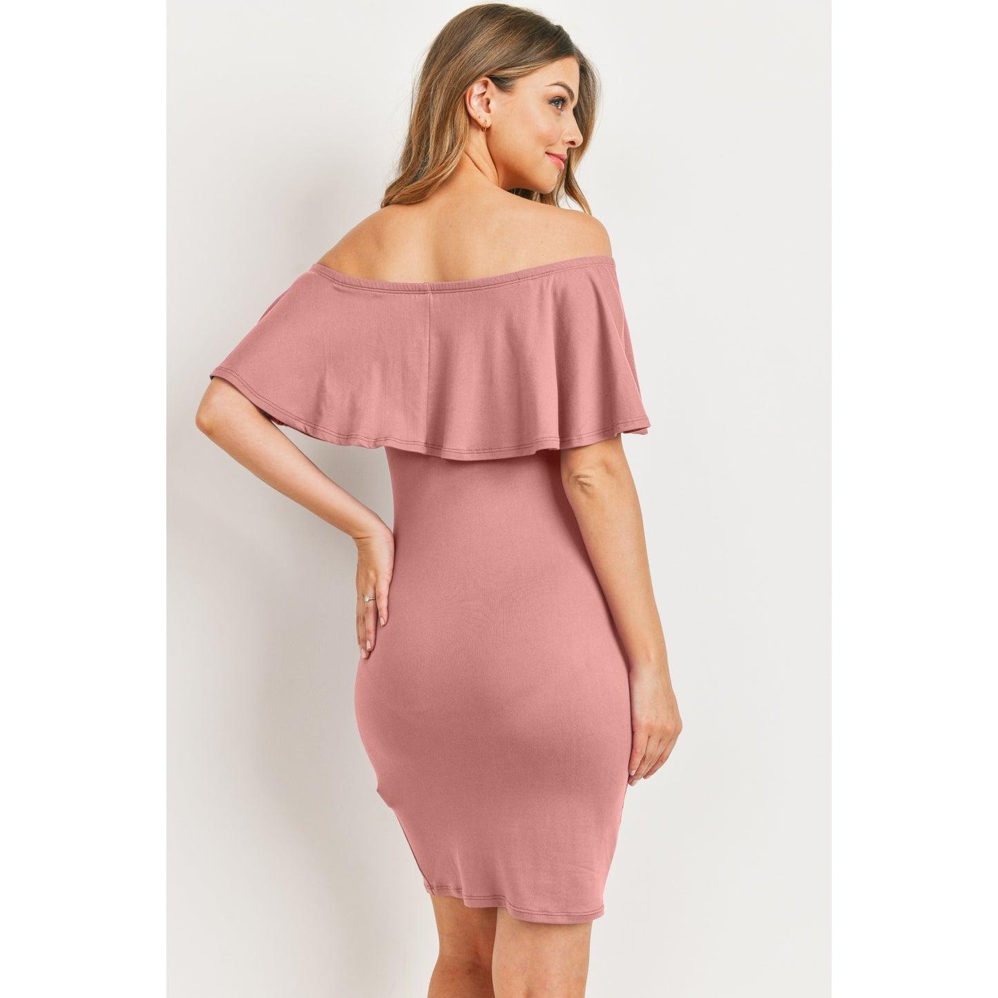 Pink Off Shoulder Ruffled Maternity Mini Dress